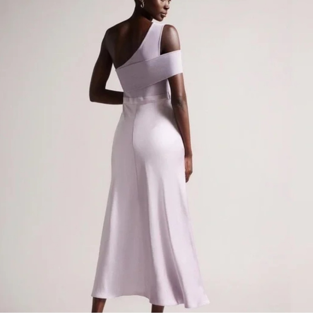 Ted Baker lilac silky satin Elegant Lavender One-Shoulder slip dress Gown small - Picture 4 of 6